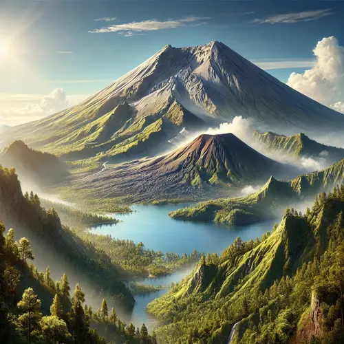 DALL·E-2025-01-09-09.58.27-A-stunning-high-definition-view-of-Mount-Rinjani-showcasing-its-majestic-peak-lush-green-forests-and-the-serene-Segara-Anak-crater-lake.-The-scene-